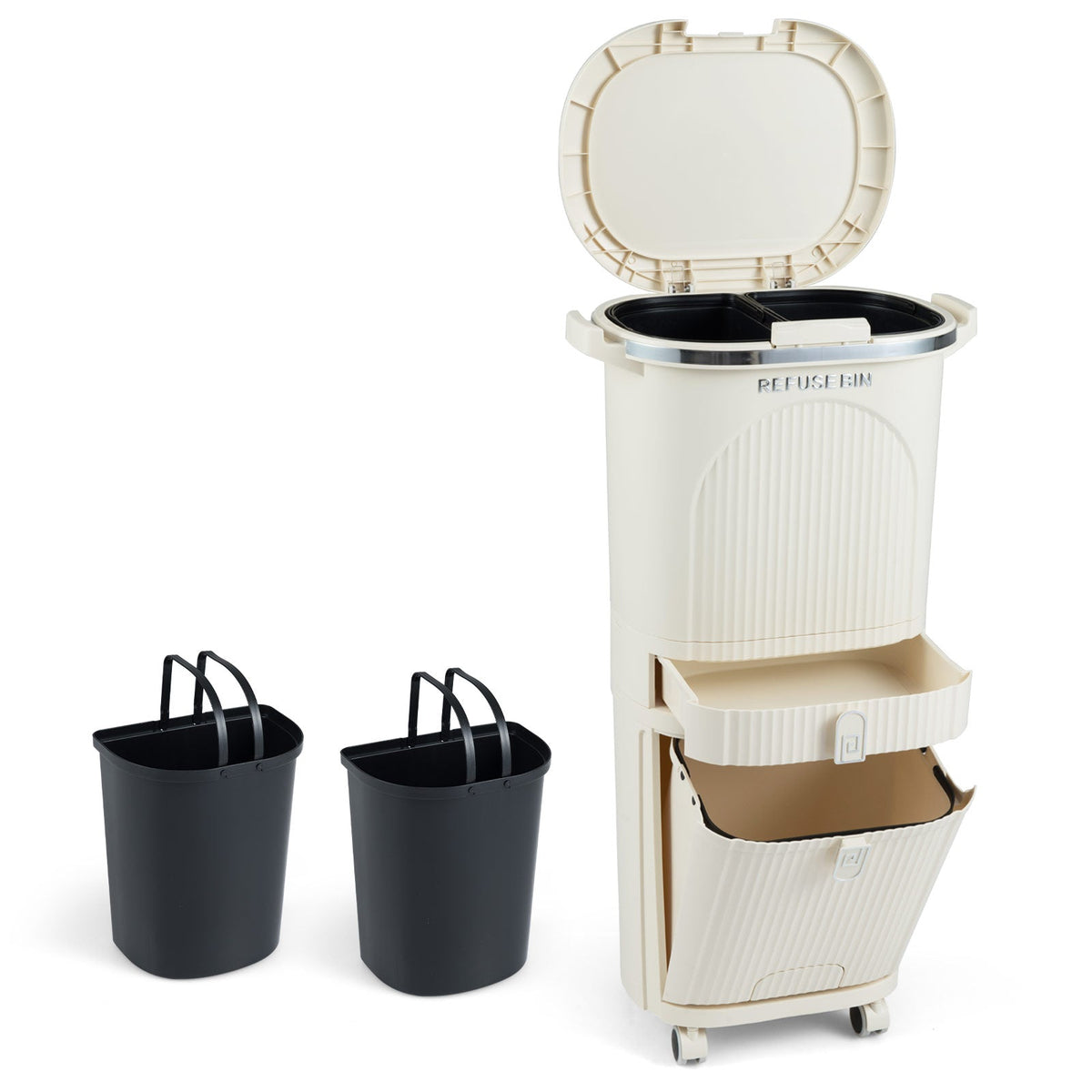 11 Gallon 3-Layer Kitchen Trash Can with Lid and 2 Removable Buckets-Beige