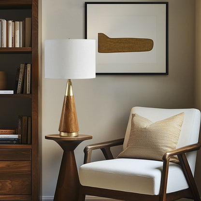 Triangular Table Lamp with Espresso Wood Grain and Linen Shade - Gold & Brown