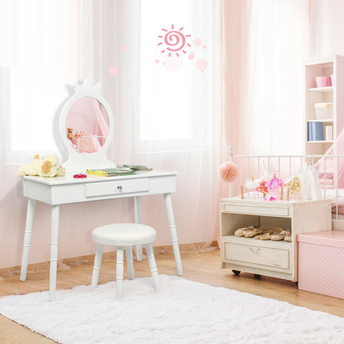 Kids Vanity Makeup Table & Chair Set Make Up Stool-White