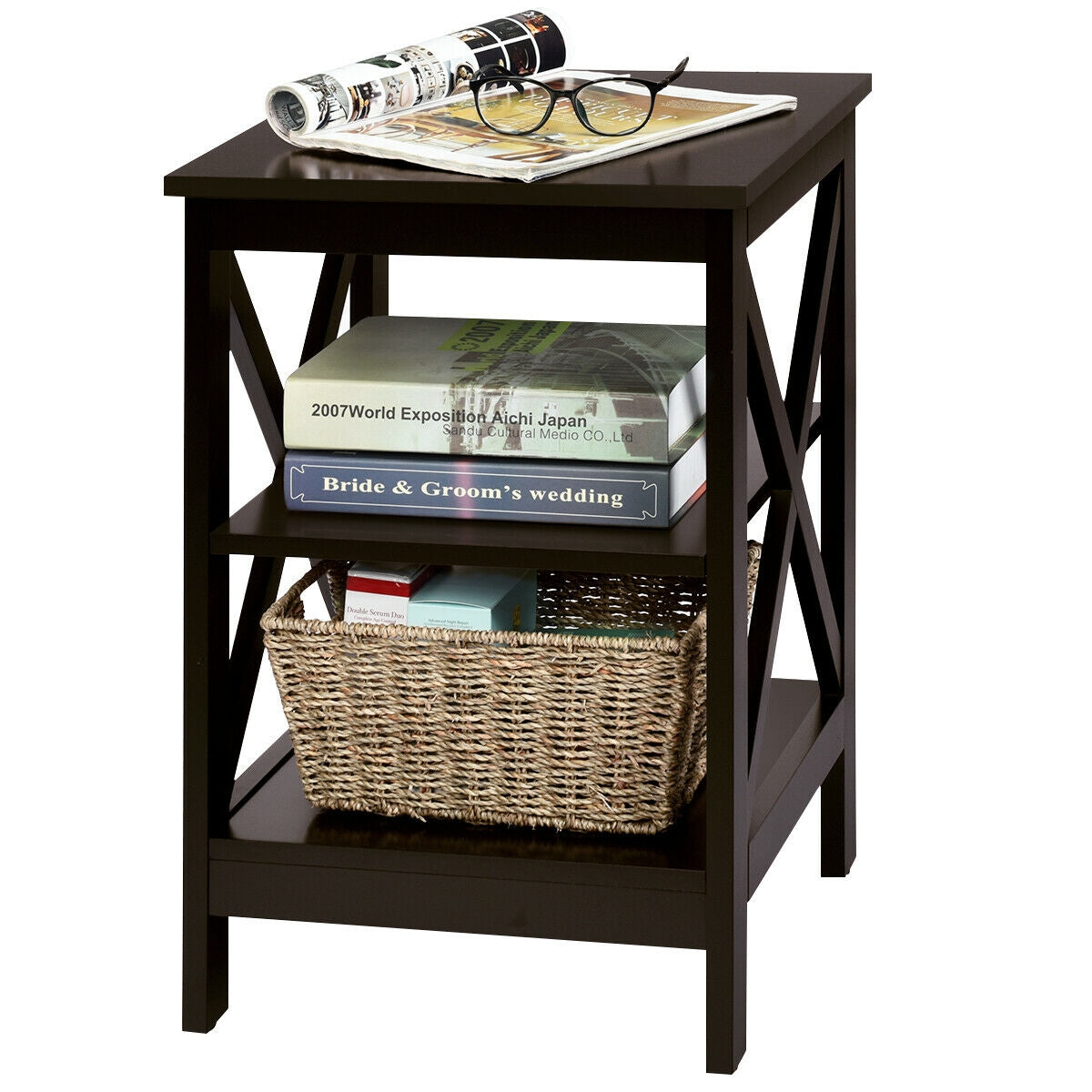 3-Tier Nightstand End Table with X Design Storage