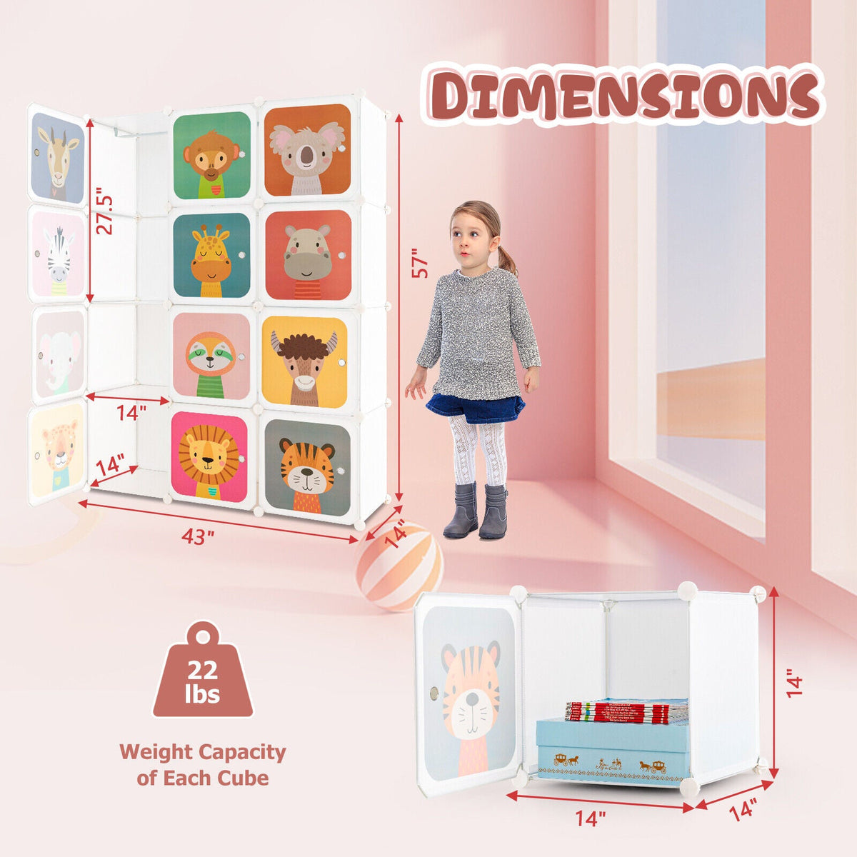 12 Cube Kids Wardrobe Closet with Hanging Section and Doors-White