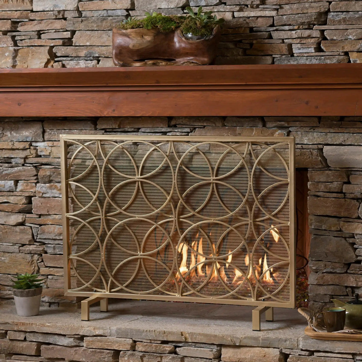 Thayer Single Panel Iron Fireplace Screen with Geometric Design - Black or Gold