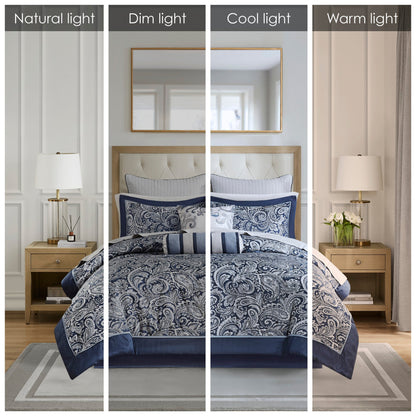 Navy 12 Piece Comforter Set with Cotton Bed Sheets - Queen, Paisley Jacquard