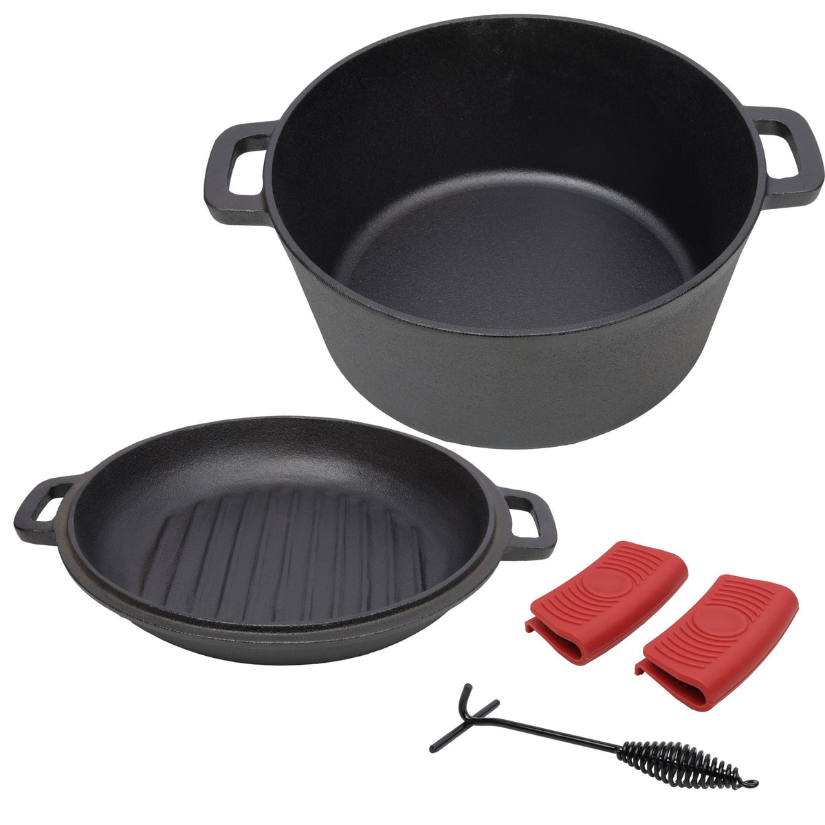 3 In 1 Pre-Seasoned Cast Iron Dutch Oven with Skillet Lid - Black