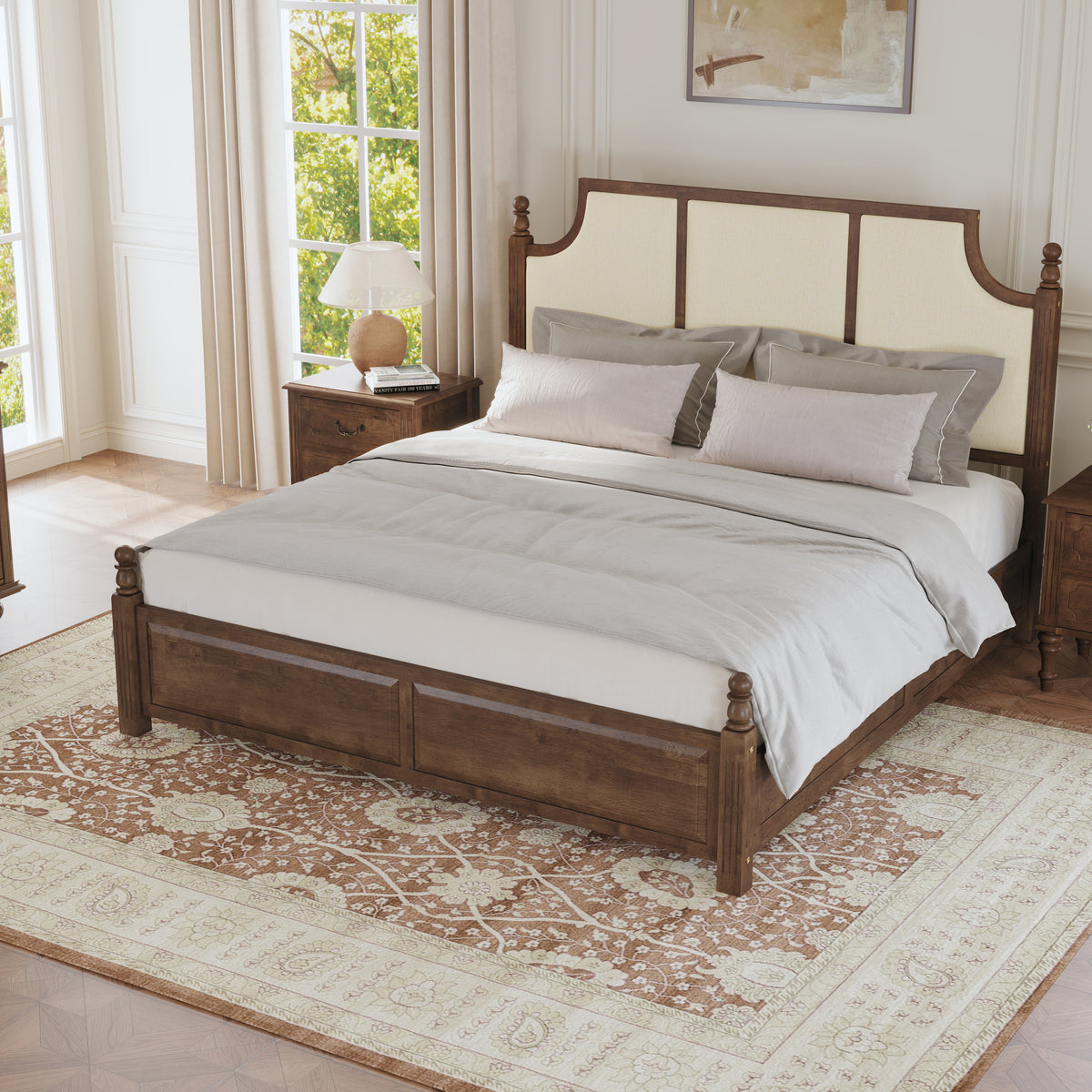 King Size Farmhouse Solid Wood Platform Bed Frame with 50.8" Tall Headboard - Walnut