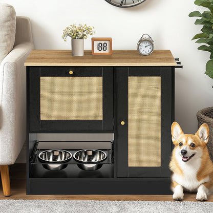 Feeding Station with 2 Lockers and Elevated Bowls - Black
