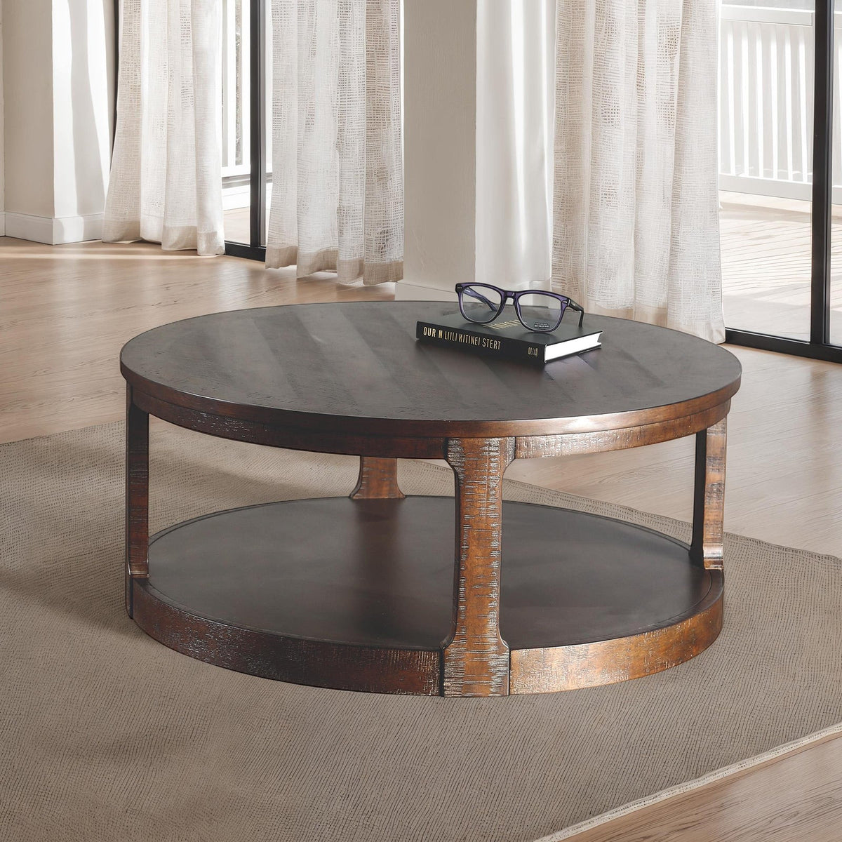 Transitional Espresso Coffee Table with Open Storage - Engineered Pine