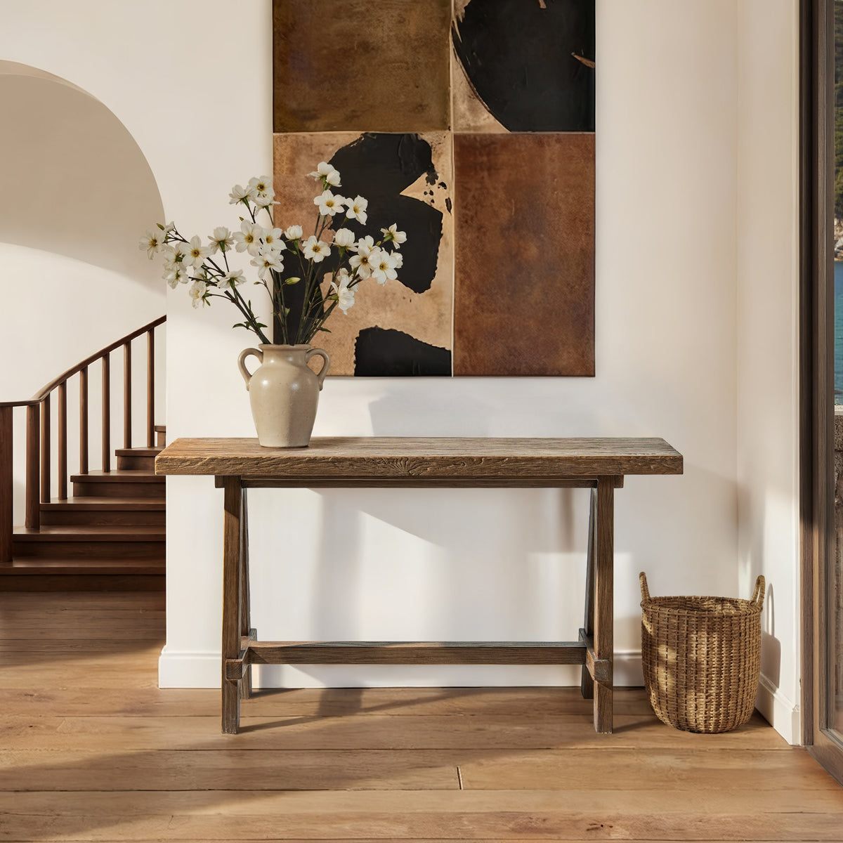 Hawthorne 60'' Reclaimed Elm Trestle Console Table with Solid Wood Base - Medium-Dark Brown