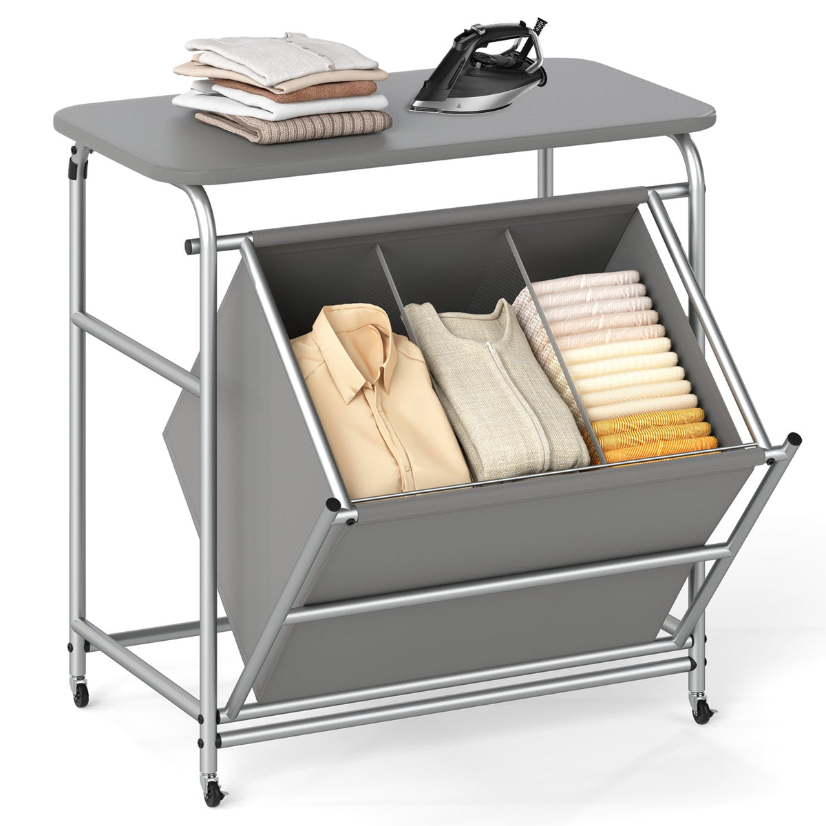 3-Section Laundry Sorter with Foldable Ironing Board and Lockable Wheels-Gray