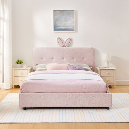 Queen Size Kids Upholstered Bed with Rabbit Ear Headboard & Storage - Boucle