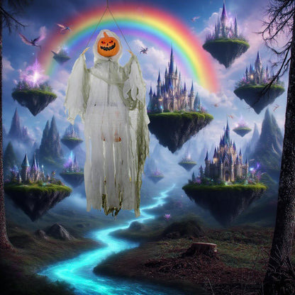Outdoor Halloween Hanging Pumpkin Ghost with Light-Up Eyes and Sound - Orange