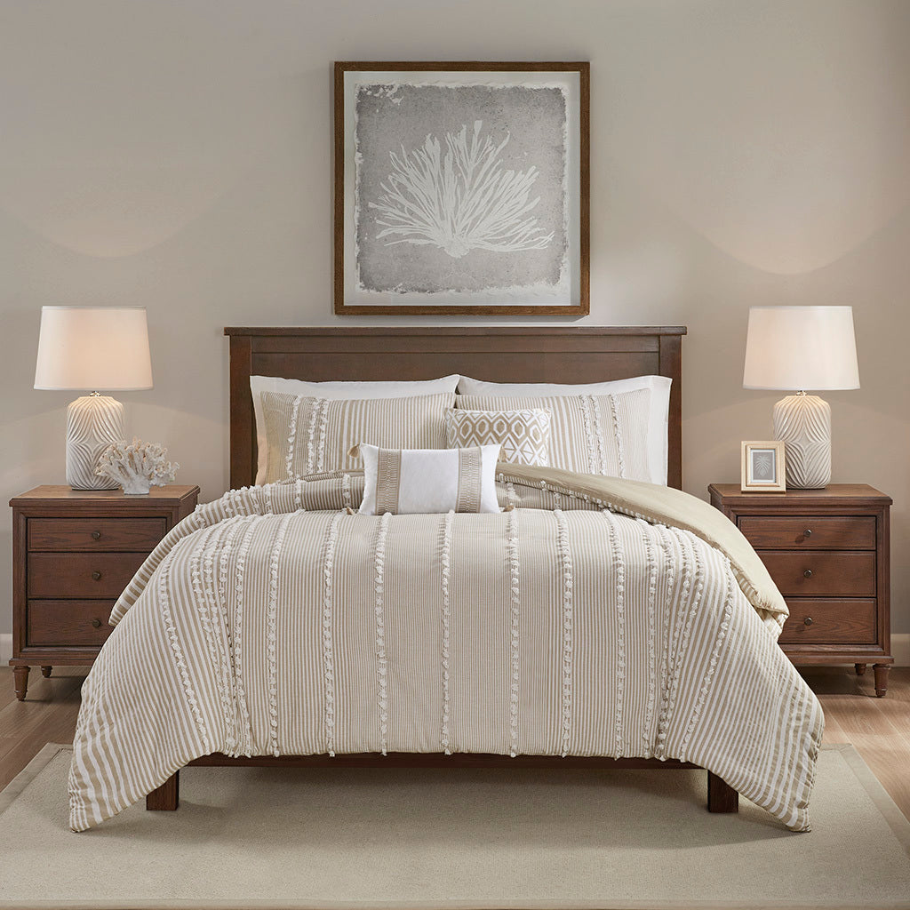 King 3 Piece Cotton Yarn Dyed Duvet Cover Set with Tufted Chenille - Taupe Stripes