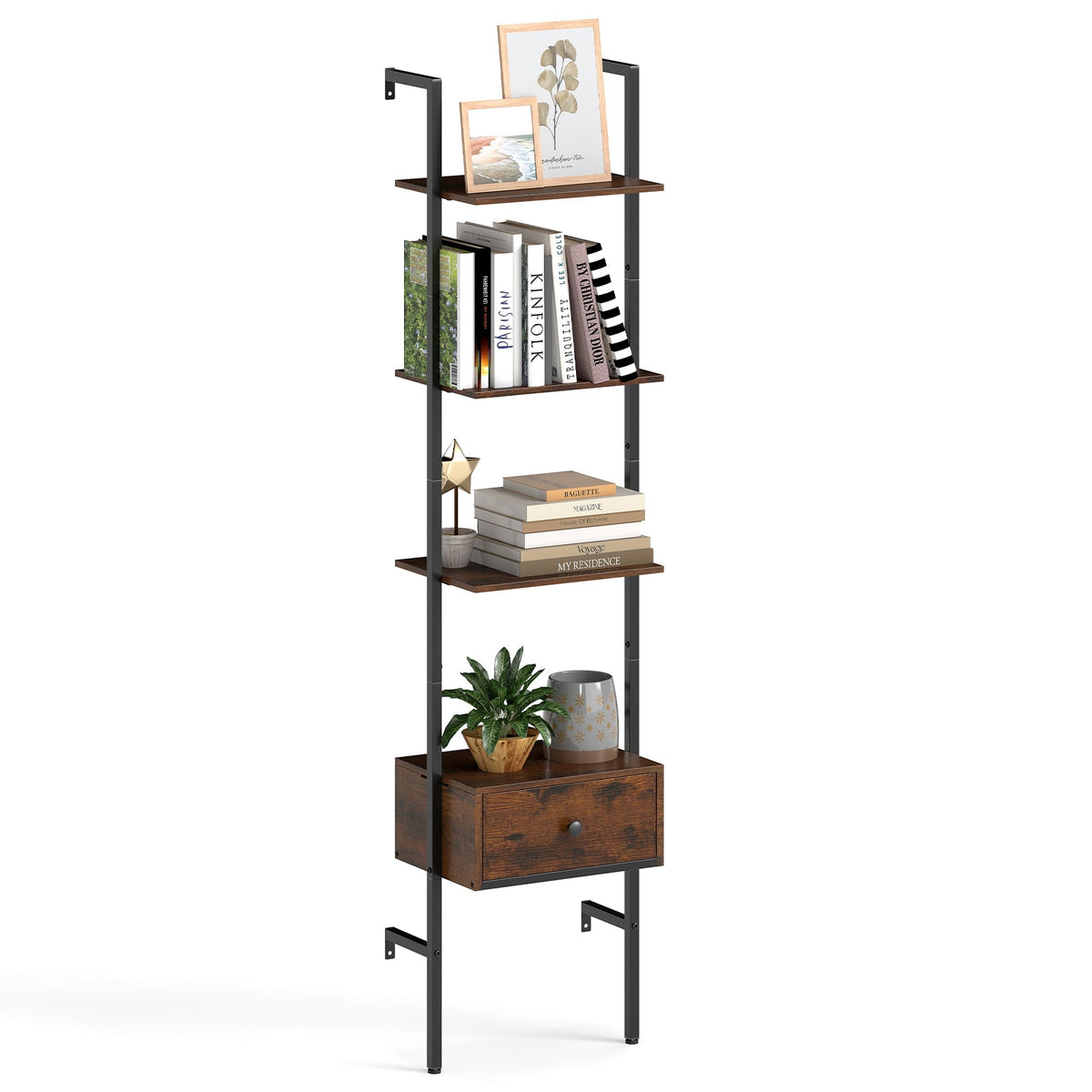 5-Tier Ladder Bookcase with Drawer and Metal Frame for Study Home Office-Rustic Brown