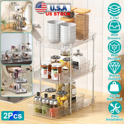 2 Packs 3 Tier Clear Bathroom Organizer with Drawers Dividers Pull-Out Pantry Organization Medicine Bins Slide-Out Storage Container Beauty Cabinet