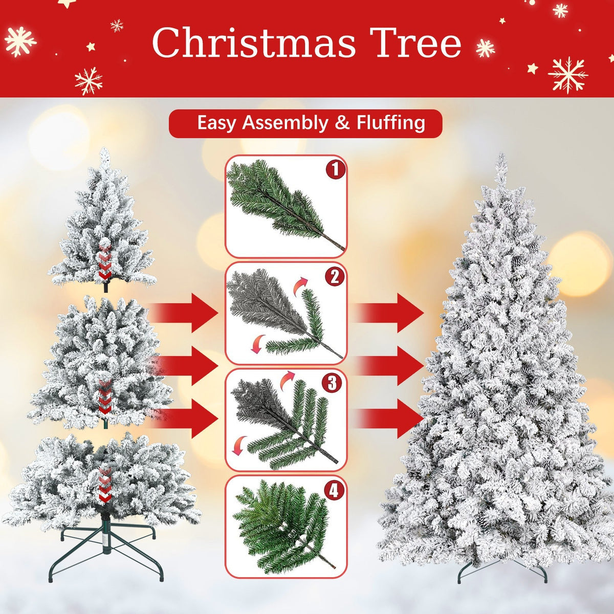 4FT Flocked Christmas Tree with Pine Cones and Snowy PVC Design