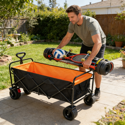Large Capacity Folding Outdoor Wagon Cart with Extender - Black & Orange