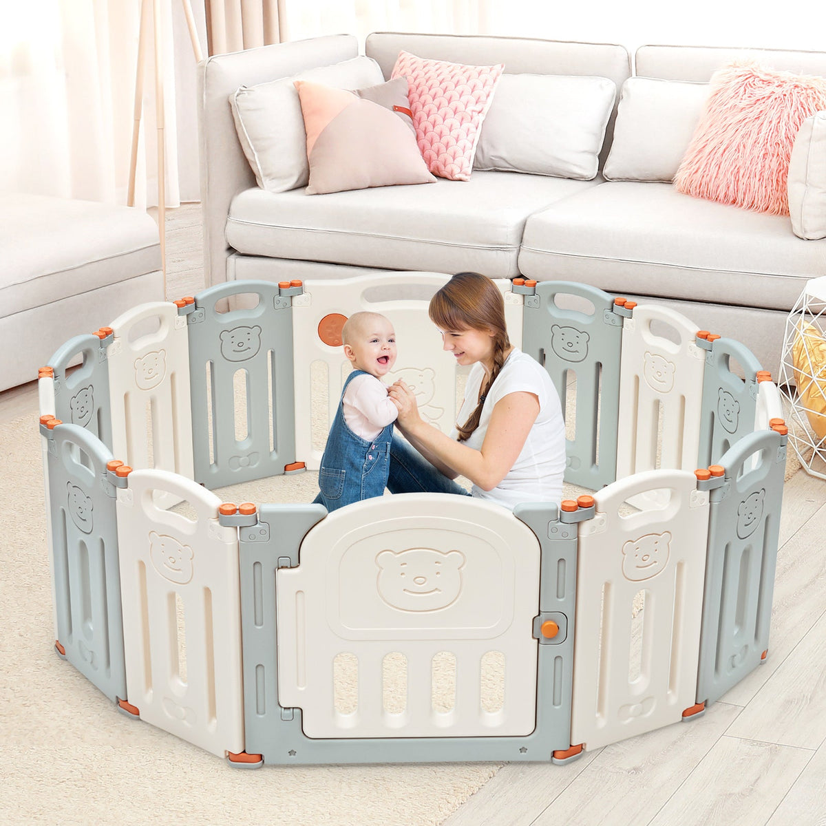 Foldable Baby Playpen 14 Panel Activity Center Safety Play Yard-Beige
