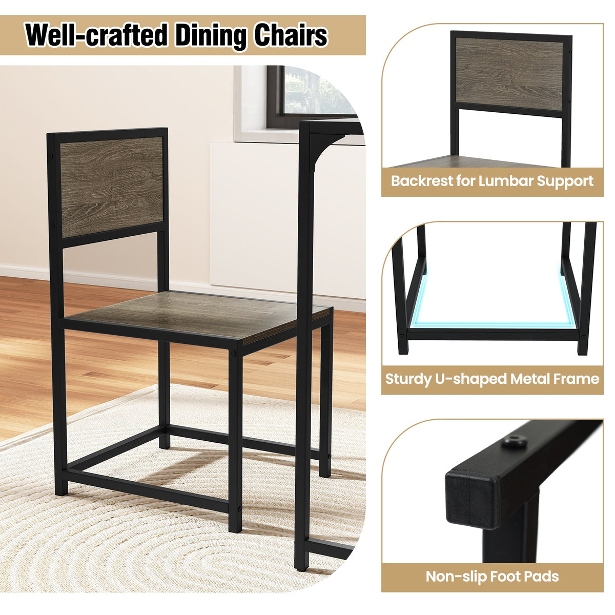 3 Pcs Dining Set Compact Table and 2 Chair with Metal Frame for for Small Space