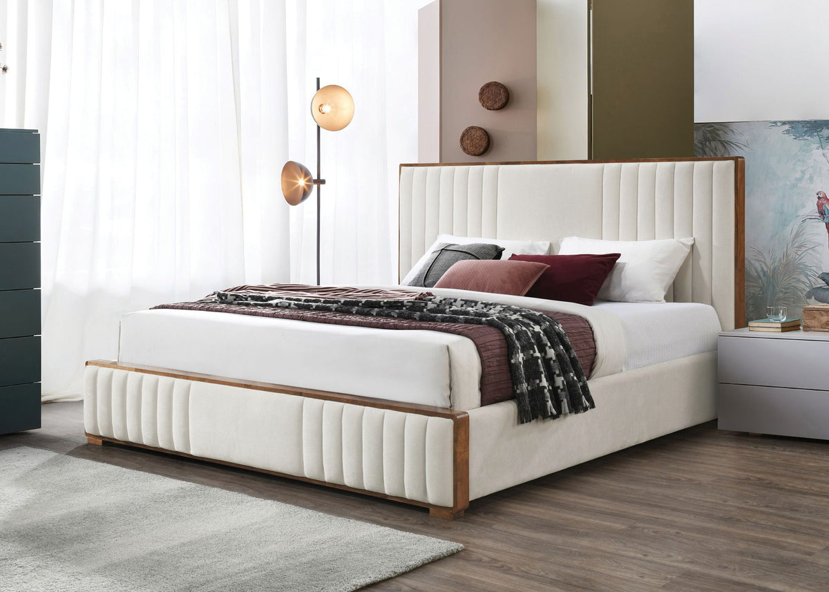 Queen Upholstered Bed with Channel-Tufted Headboard - Beige
