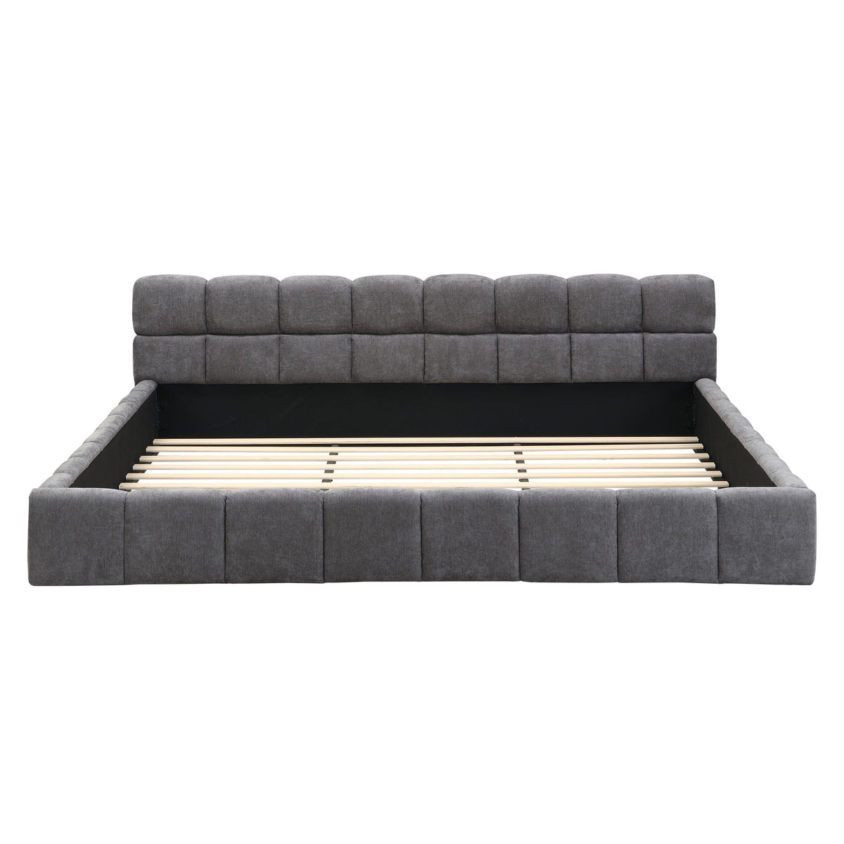 Elegant Upholstered Bed with Checkerboard Headboard - Dark Gray