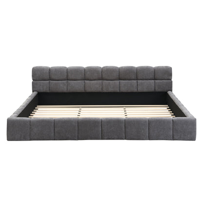 Elegant Upholstered Bed with Checkerboard Headboard - Dark Gray