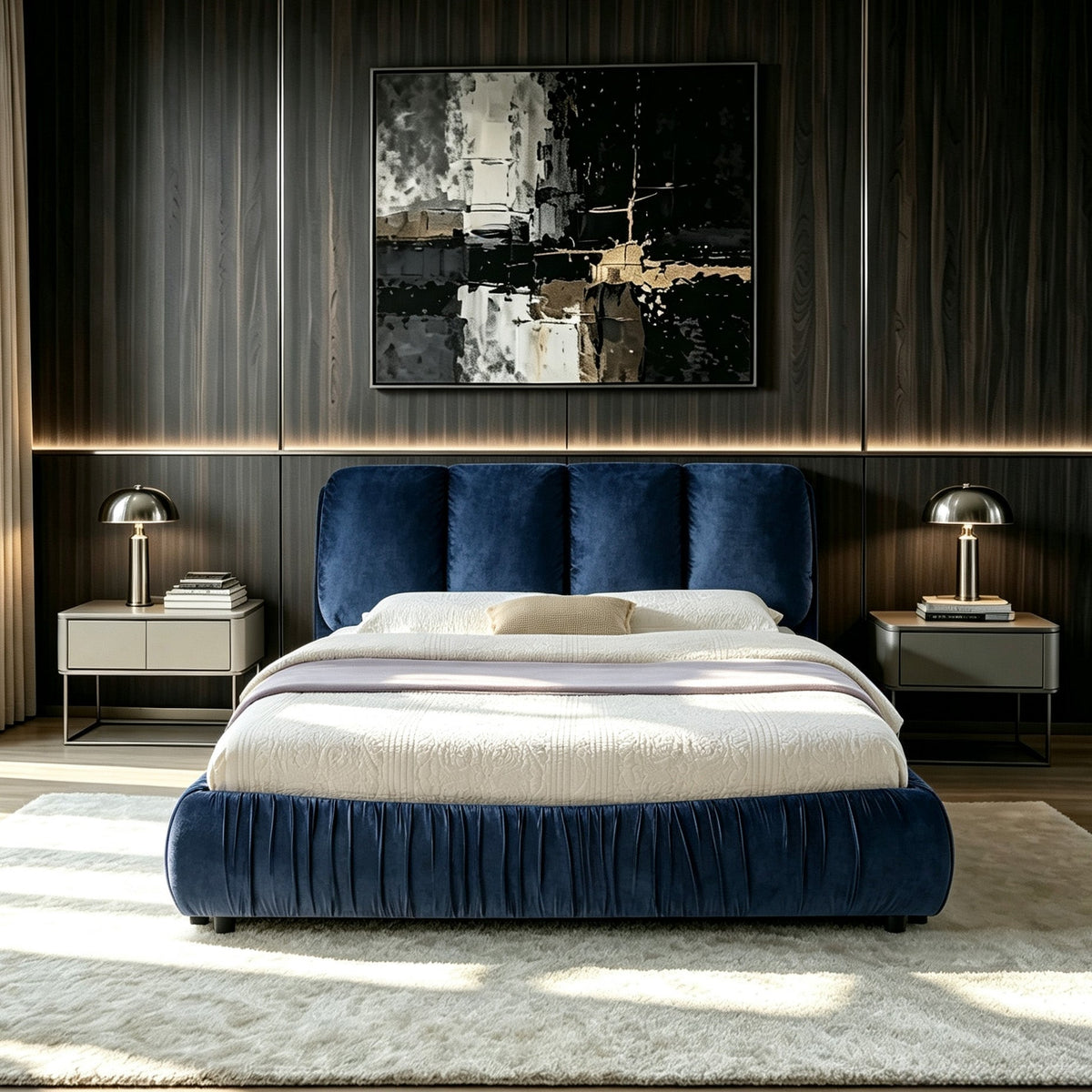 Queen Upholstered Bed Frame with Segmented Compressed Sponge Headboard - Dark Blue or Gray
