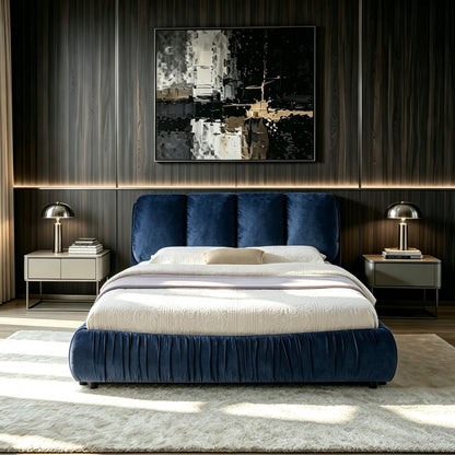 Queen Upholstered Bed Frame with Segmented Compressed Sponge Headboard - Dark Blue or Gray