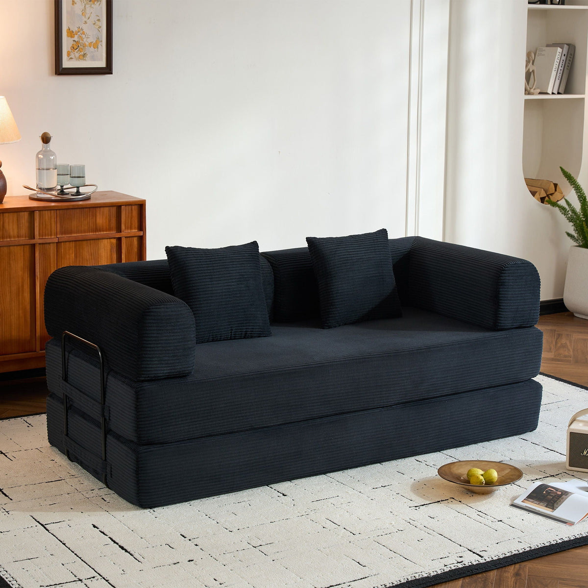 Convertible Sleeper Sofa Bed with Fixed Shape Frame and Cylindrical Pillow - Fabric
