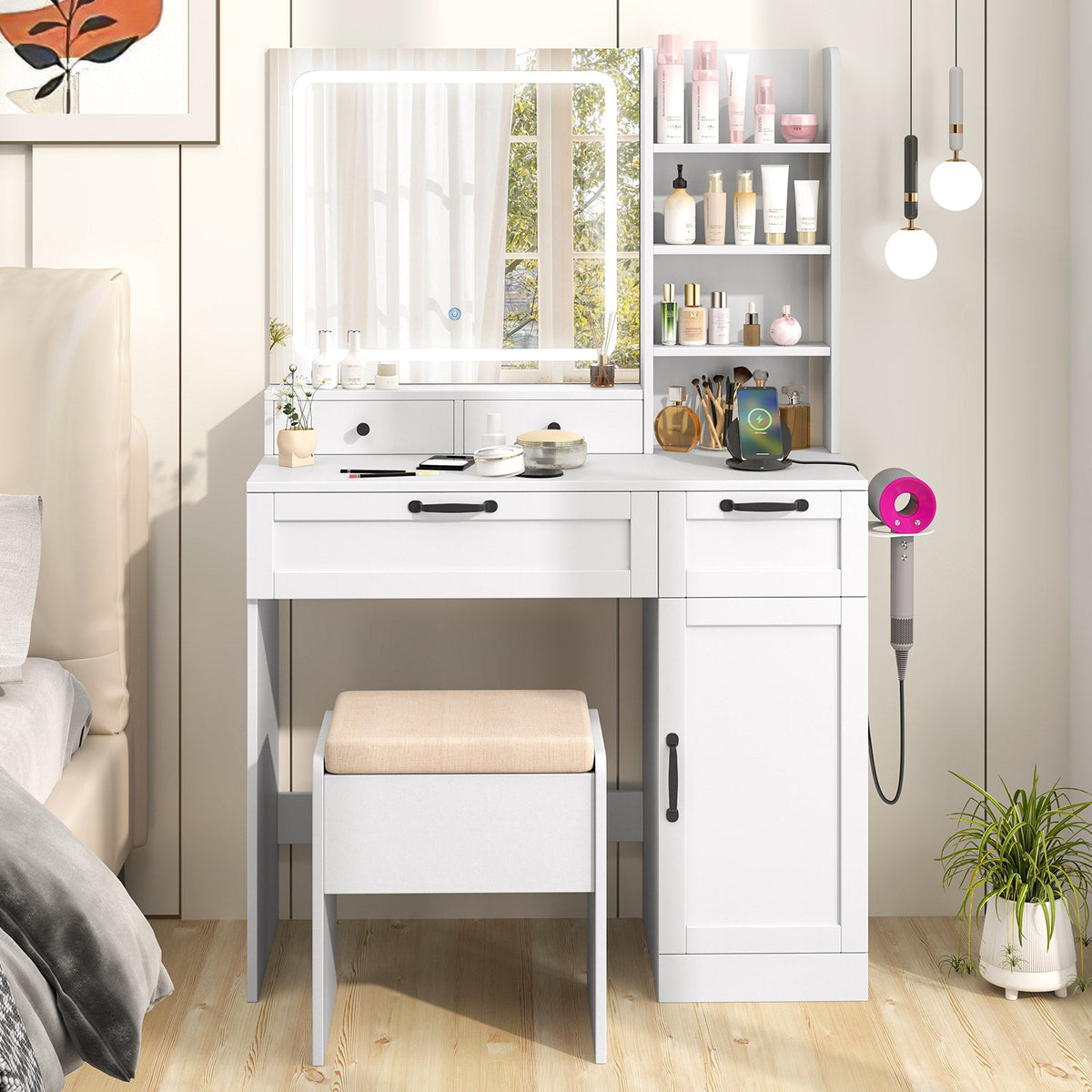 Vanity Set with Mirror and 3 Lighting Modes and Adjustable Brightness-White