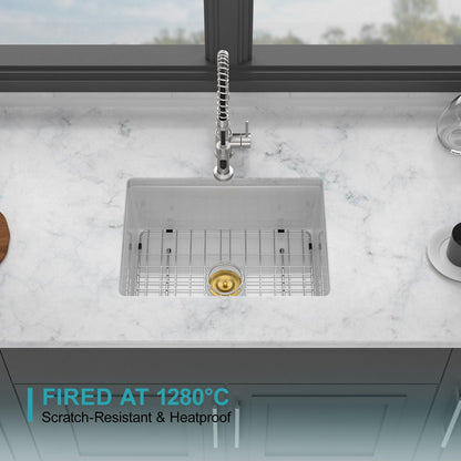 Rectangular Deep Single Bowl Kitchen Sink with Scratch-Resistant Glaze - White