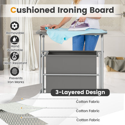 3-Section Laundry Sorter with Foldable Ironing Board and Lockable Wheels-Gray