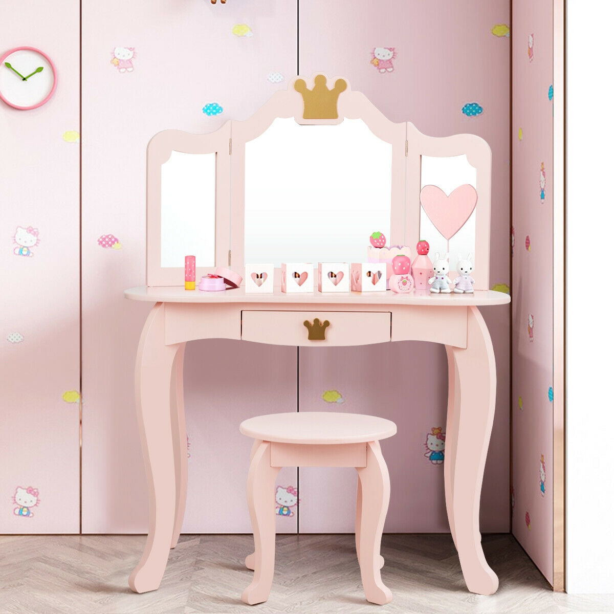 Kids Makeup Dressing Table with Tri-folding Mirror and Stool