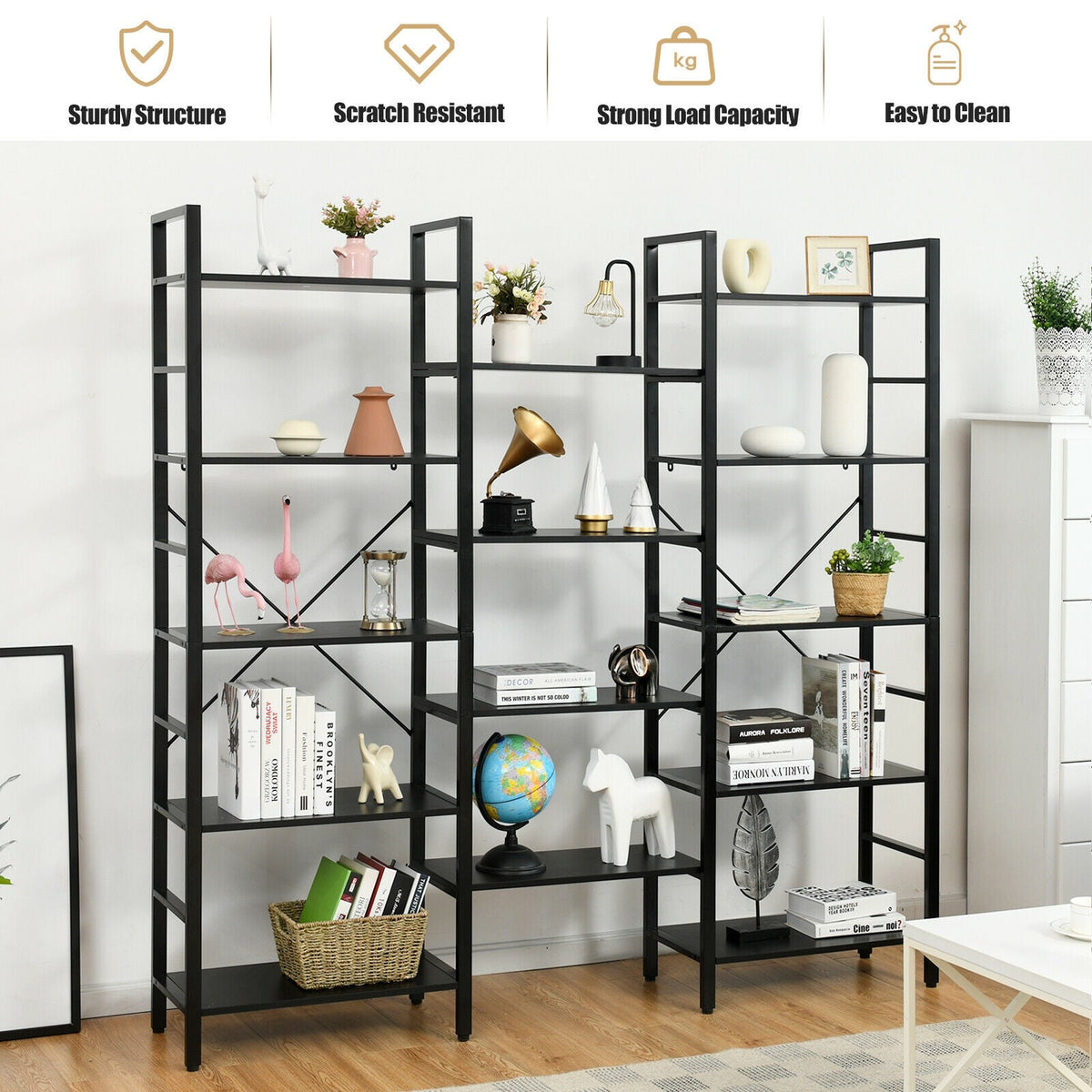 Vintage Triple Wide 5-Tier Bookcase Large Bookshelf Display Storage Shelf