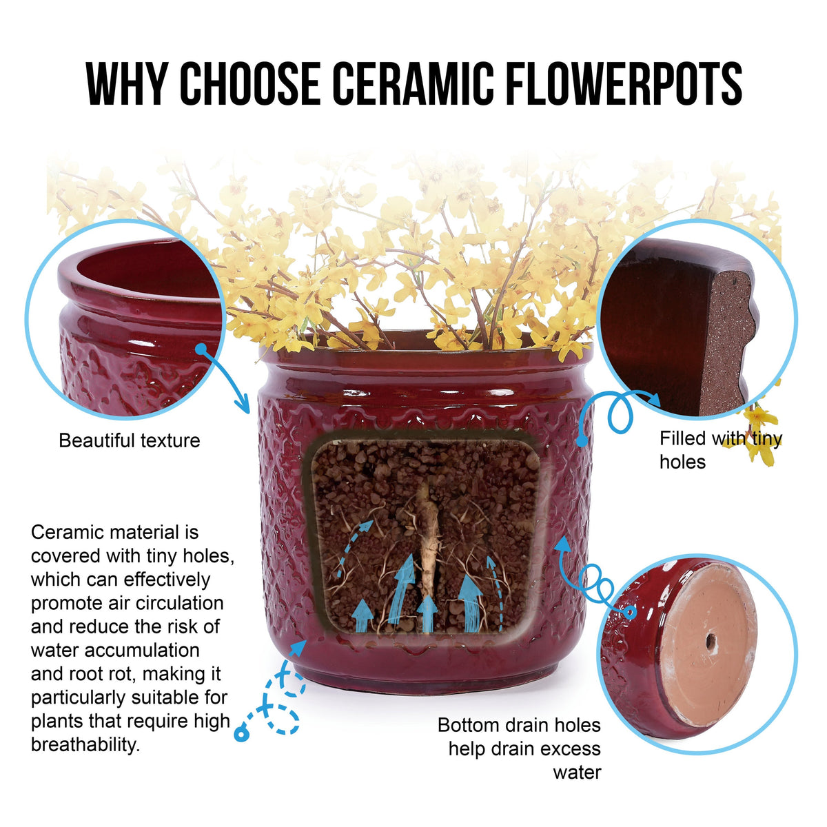 Bean Paste Red Ceramic Flowerpot Set with Diamond Pattern - 3 Pieces