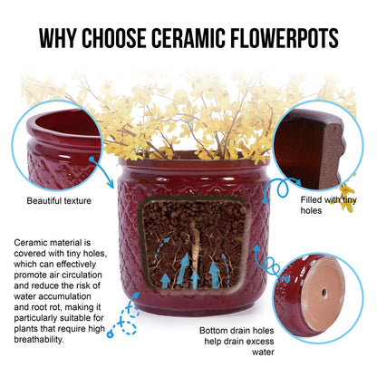 Bean Paste Red Ceramic Flowerpot Set with Diamond Pattern - 3 Pieces