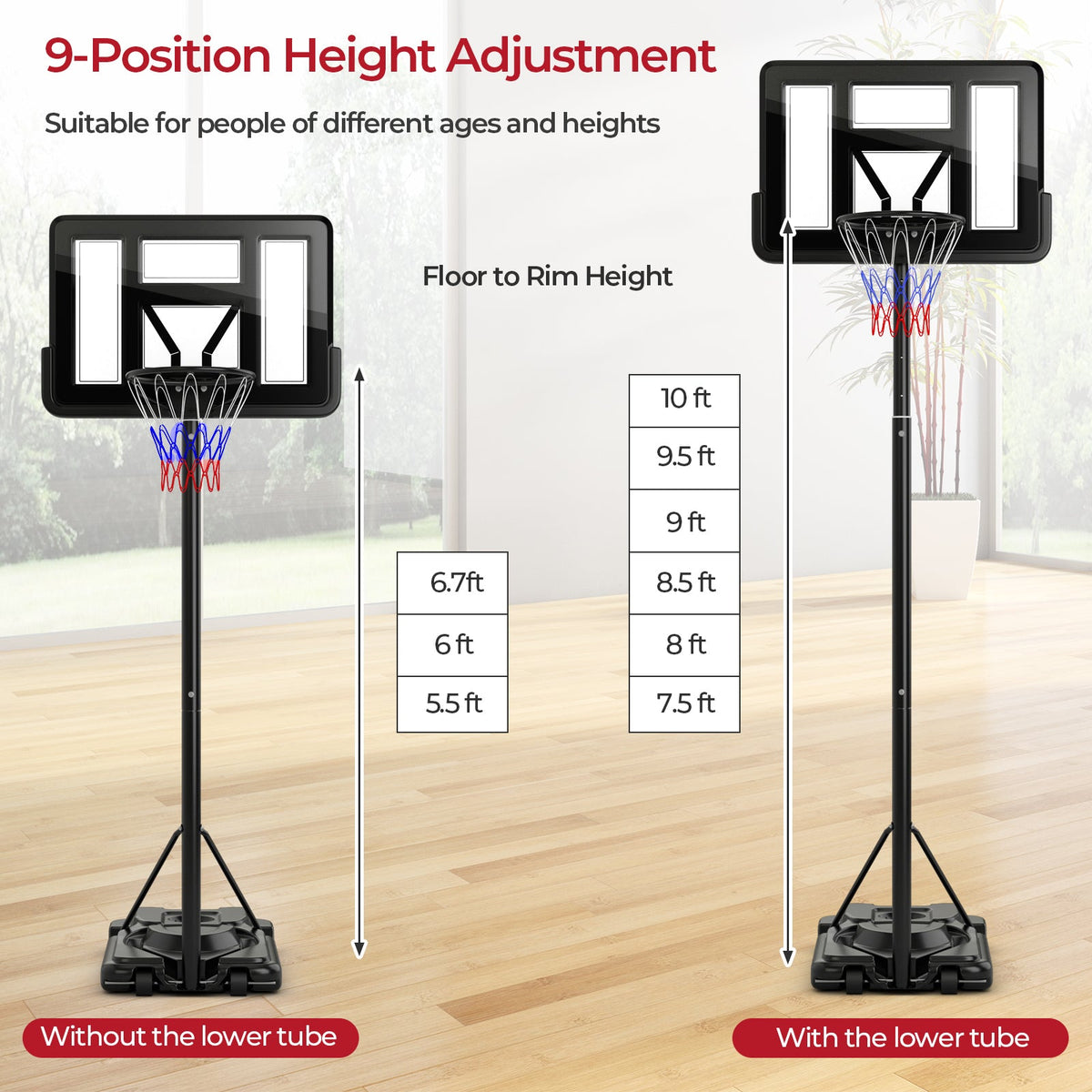 Portable Basketball Hoop with 9-Position Adjustable Height