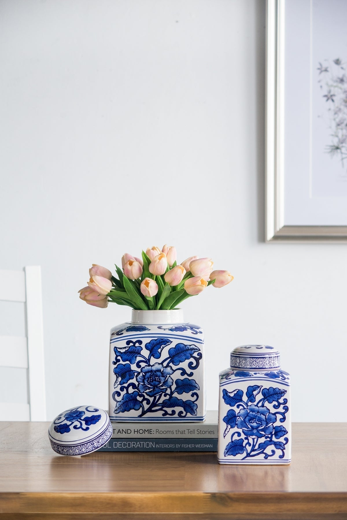Hand Painted Square Ceramic Canister with Blue Floral Pattern - White & Blue