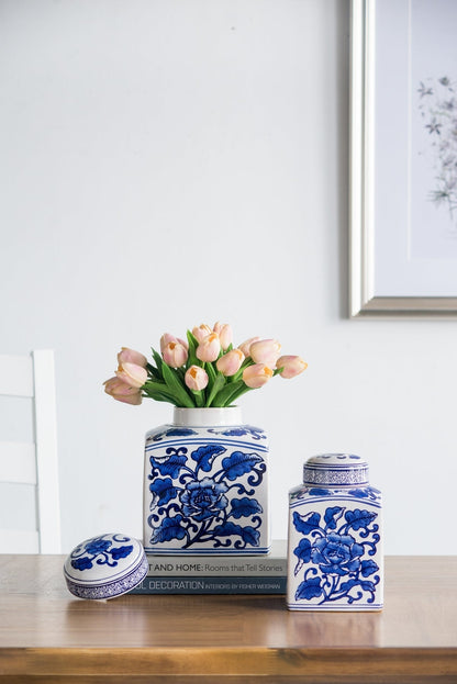 Hand Painted Square Ceramic Canister with Blue Floral Pattern - White & Blue