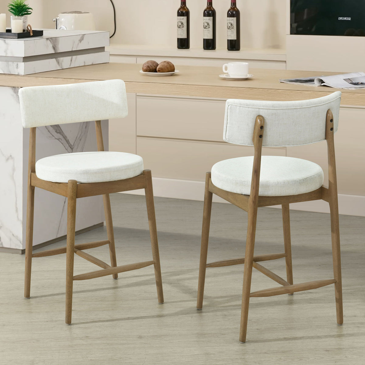 Mid Century Modern Counter Stools with Full Back - Fabric Upholstery, Set of 2