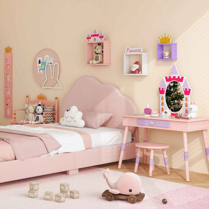 3 Pieces Kids' Room Bundle: Twin Bed Frame Wardrobe Closet Vanity Table and Stool Set
