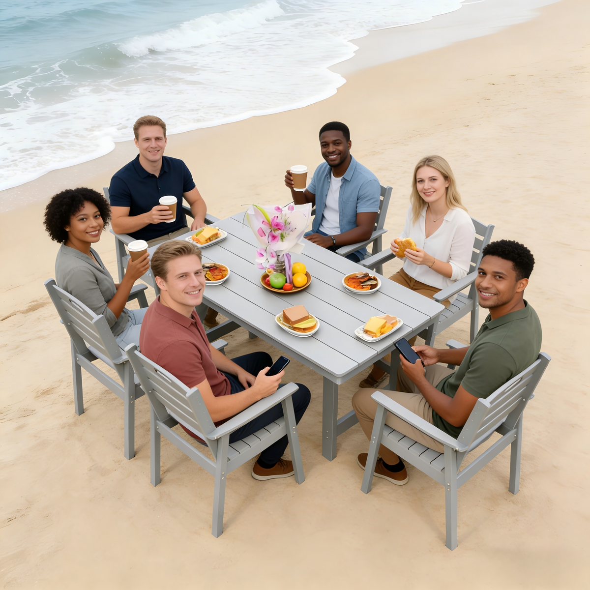HDPE Outdoor Patio Dining Set with Table and Six Chairs