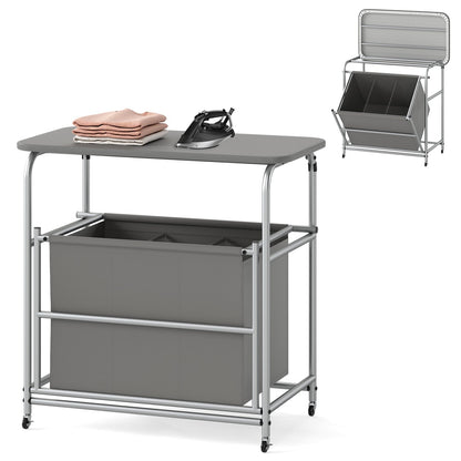 3-Section Laundry Sorter with Foldable Ironing Board and Lockable Wheels-Gray
