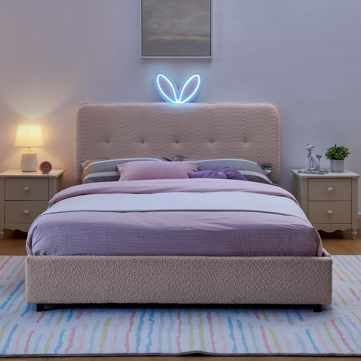 Queen Size Kids Upholstered Bed with Rabbit Ear Headboard & Storage - Boucle