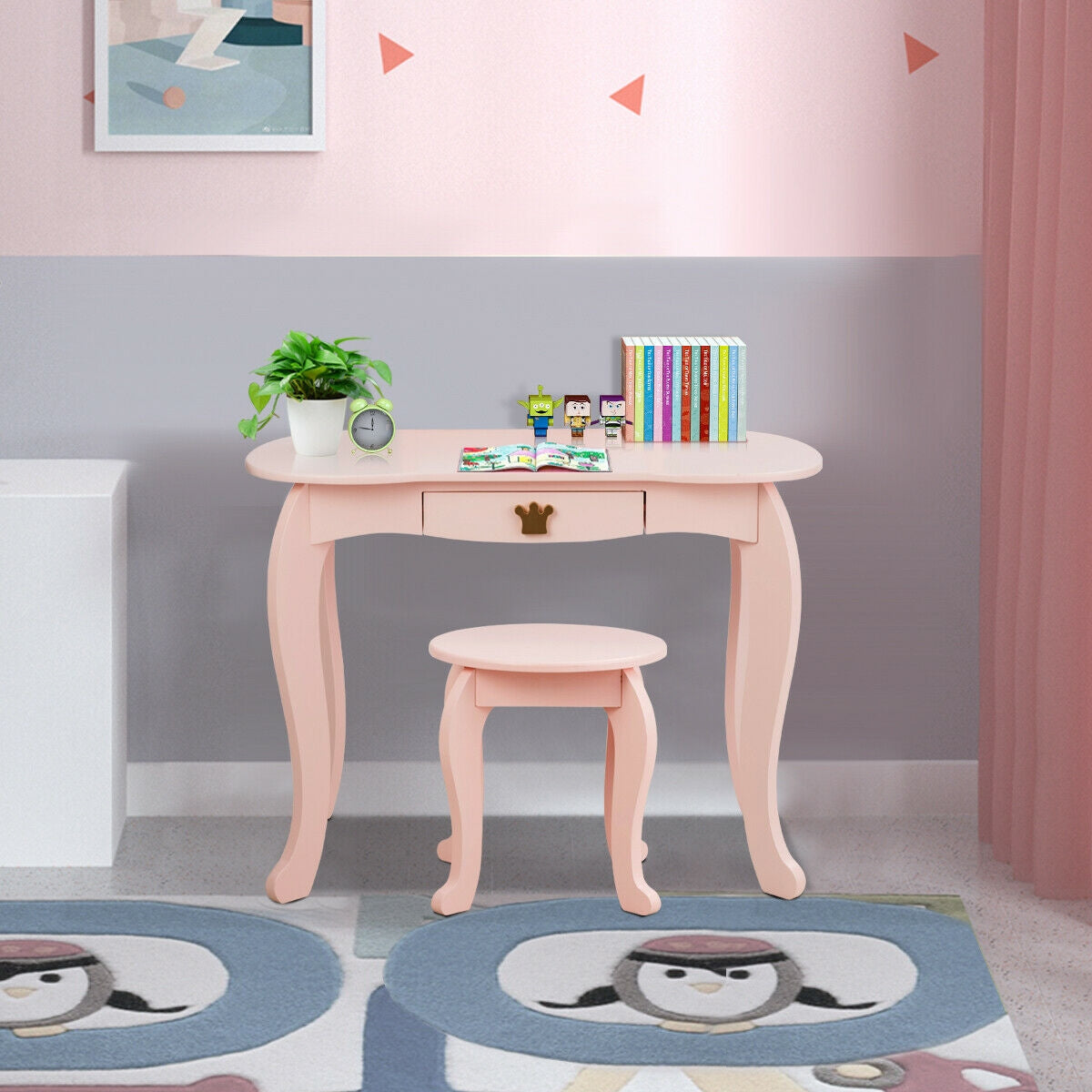 Kids Makeup Dressing Table with Tri-folding Mirror and Stool