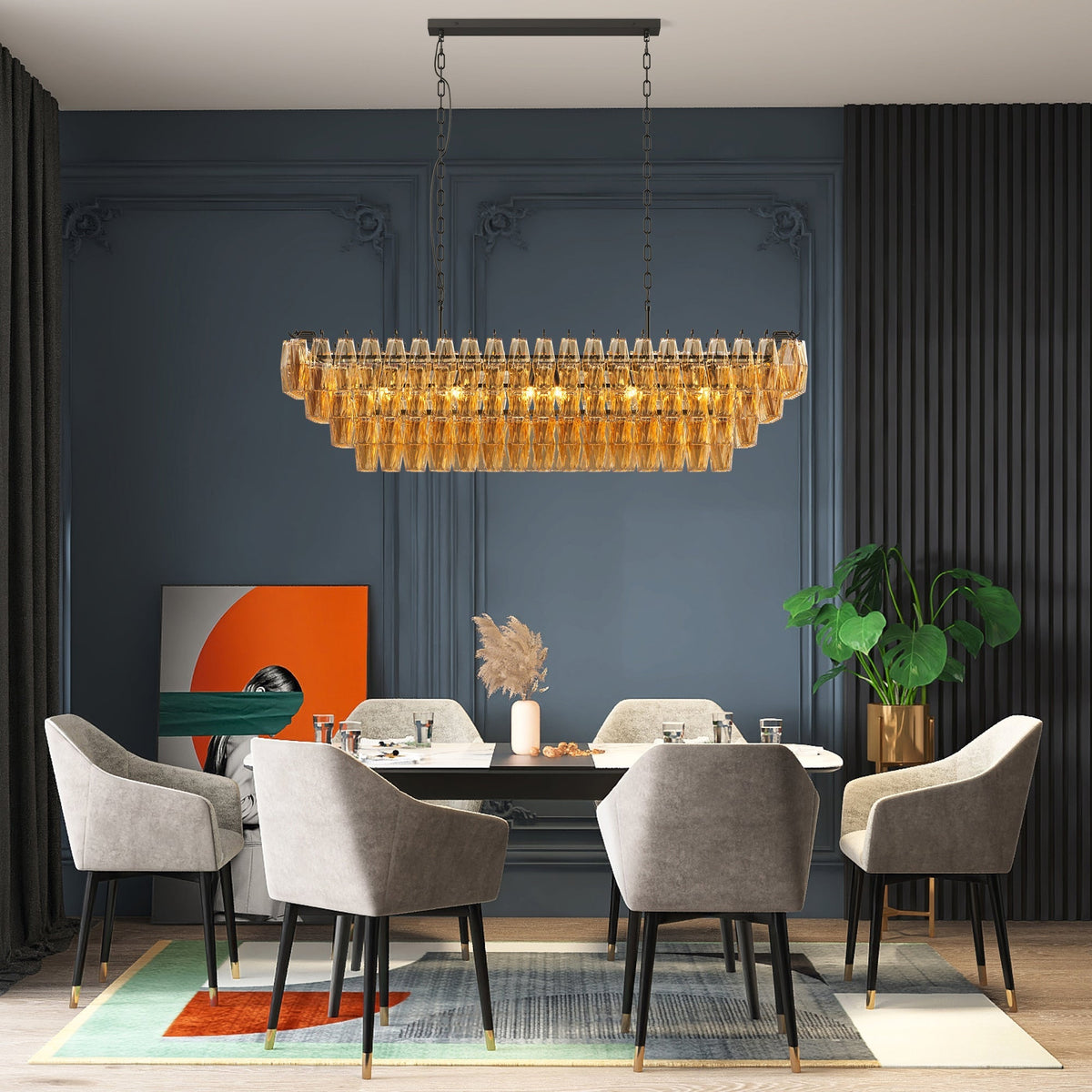 54-Inch Black Rectangular 12-Light Chandelier with Smoke Glass - Black