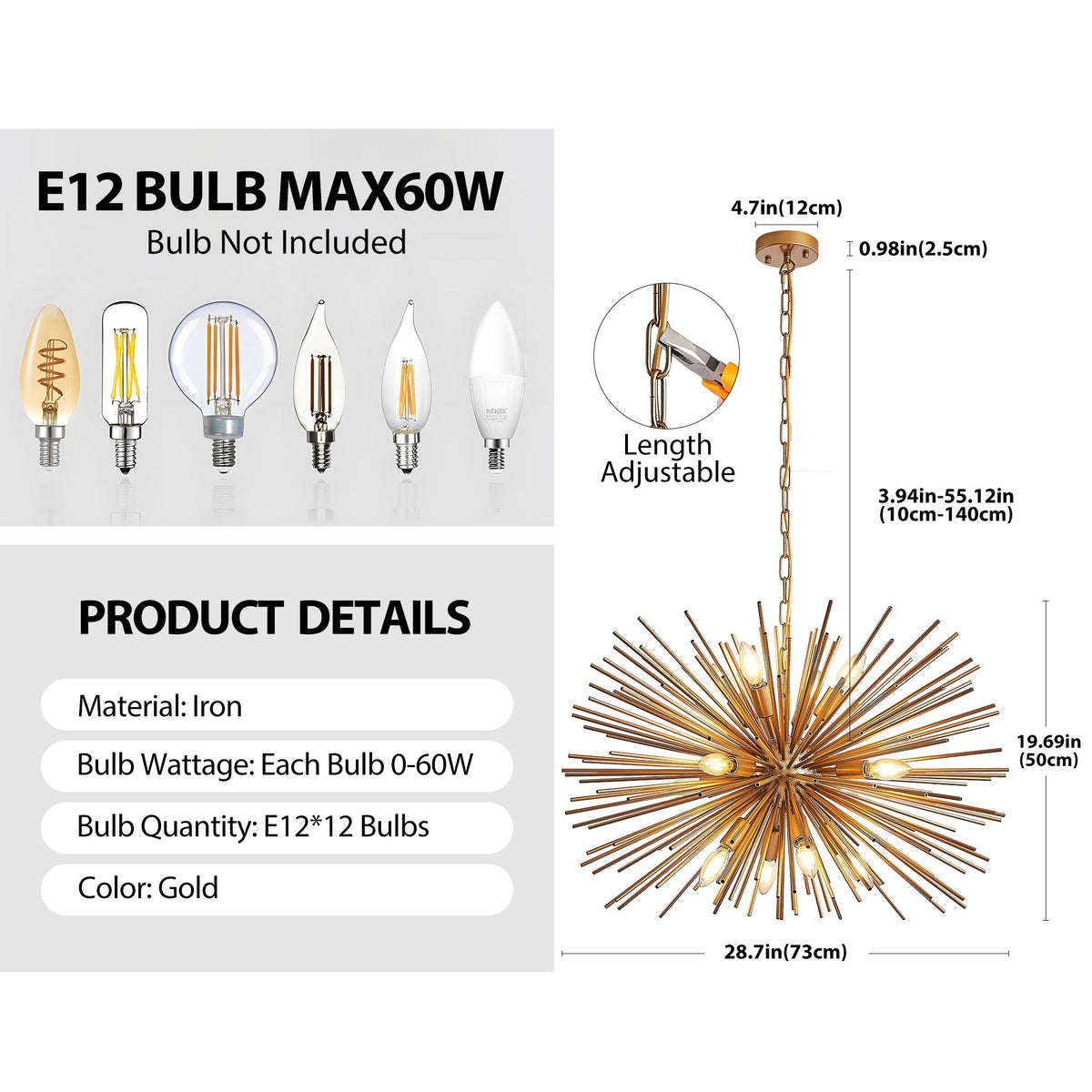 Gold 12-Light Mid-Century Modern Starburst Chandelier with Adjustable Chain