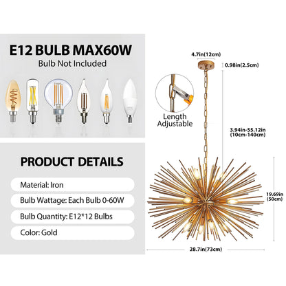 Gold 12-Light Mid-Century Modern Starburst Chandelier with Adjustable Chain
