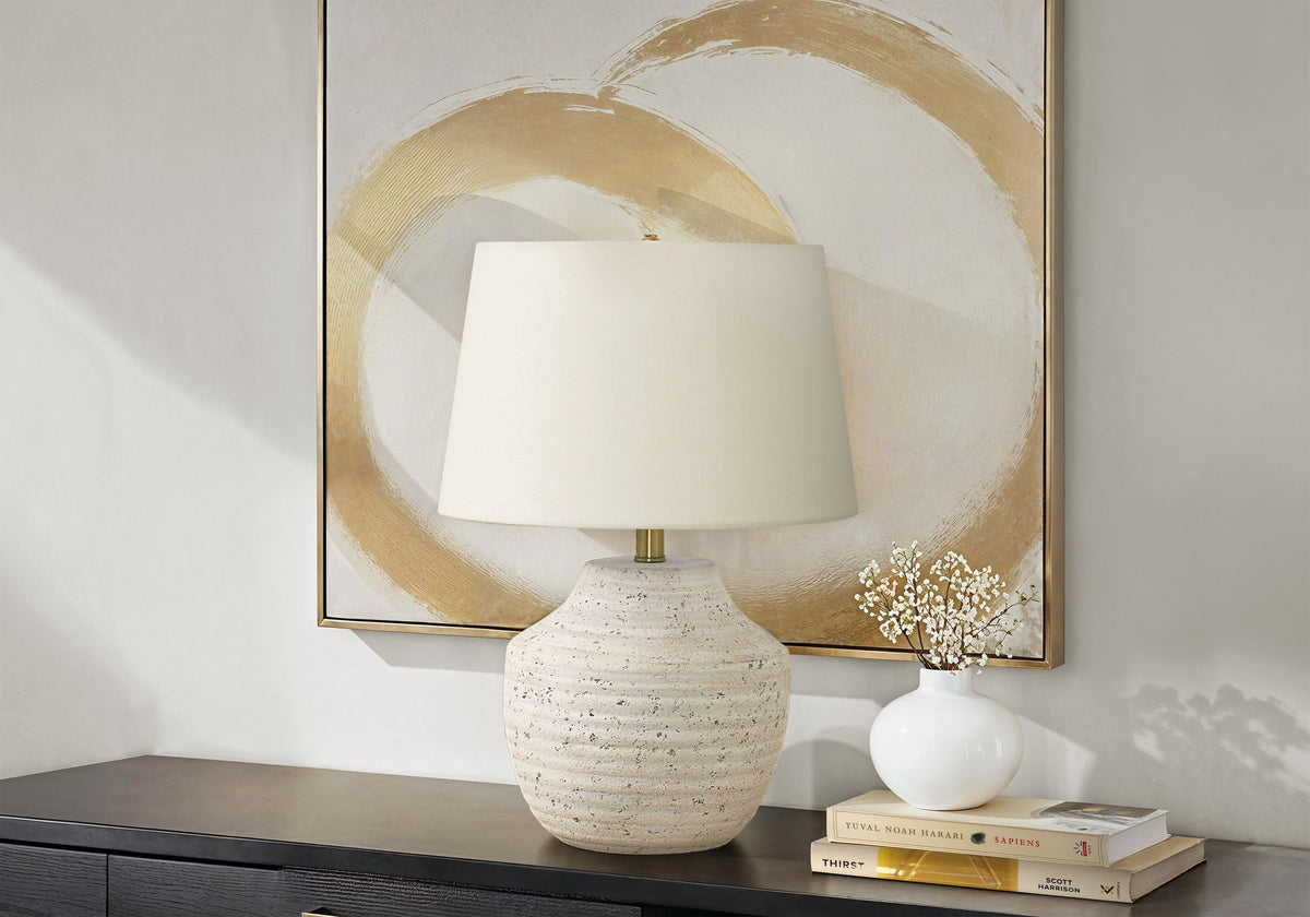 Modern Concrete Table Lamp with Ivory Linen Shade - Cream