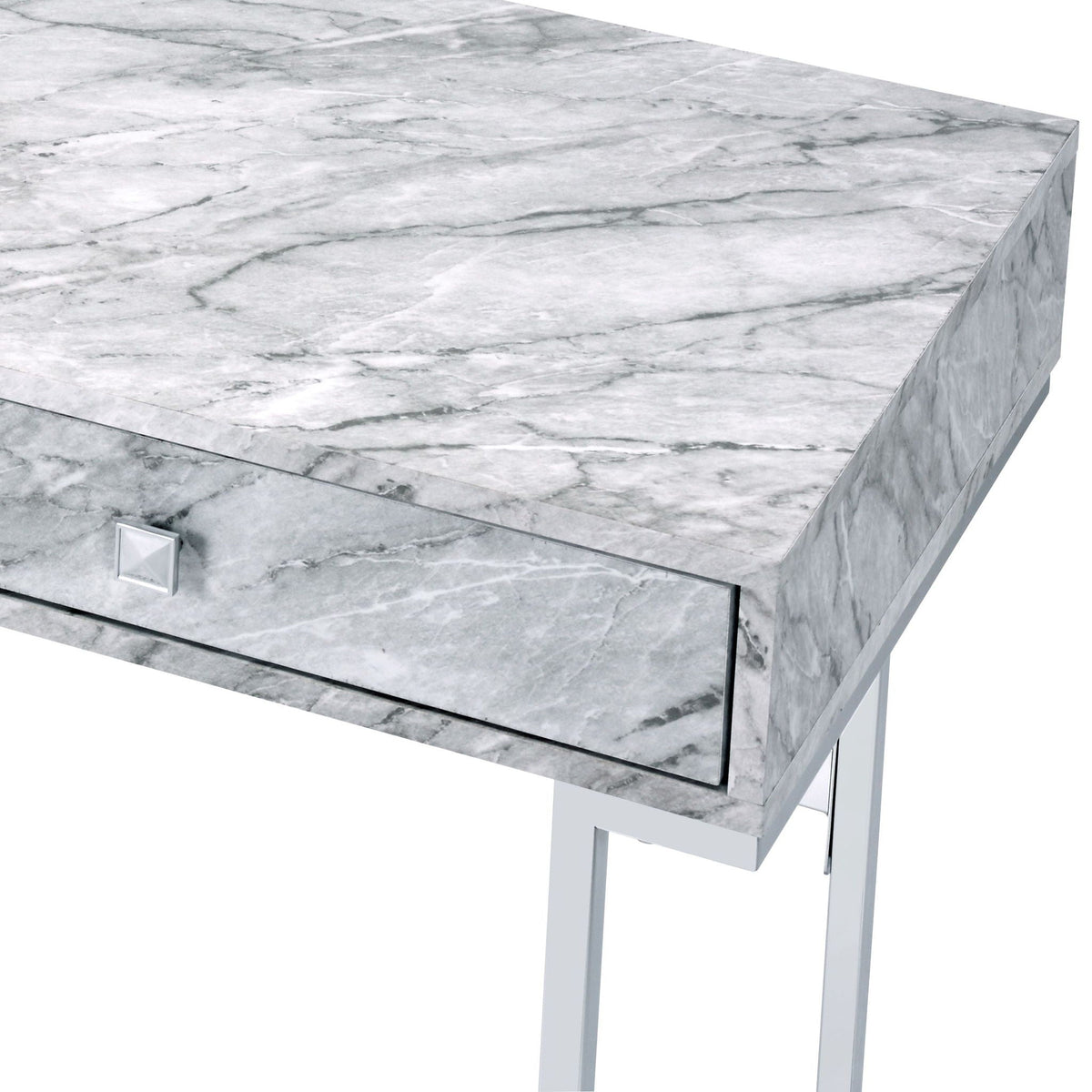White Faux Marble Writing Desk with Storage Drawers - White
