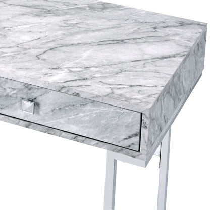 White Faux Marble Writing Desk with Storage Drawers - White
